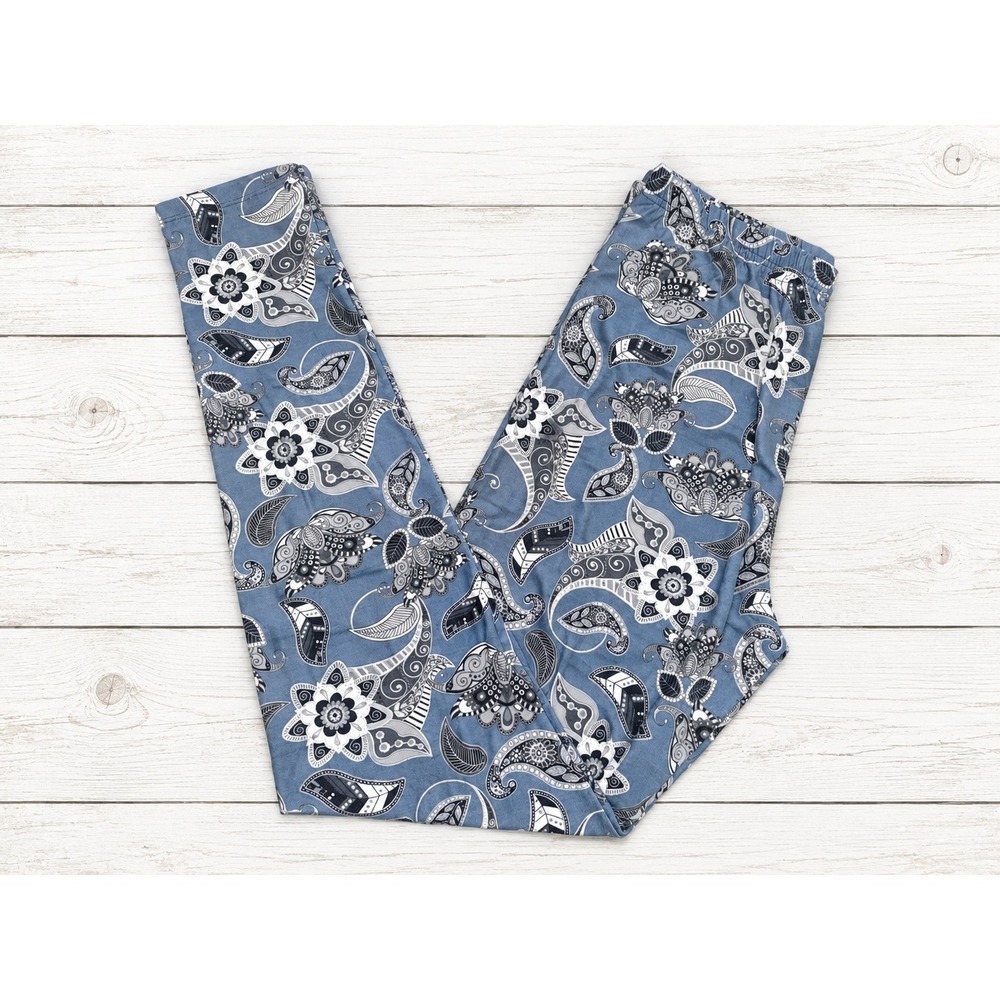 Leggings Floral Paisley Boho Gray Blue White stretchy casual lounge Plus Size